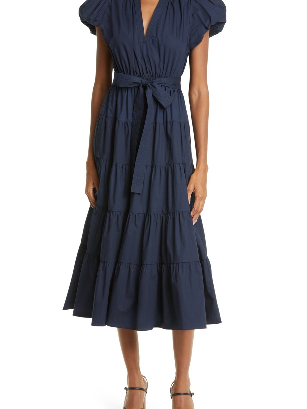 Ottilie Puff Sleeve Tie Waist Midi Dress in Midnight (Navy)